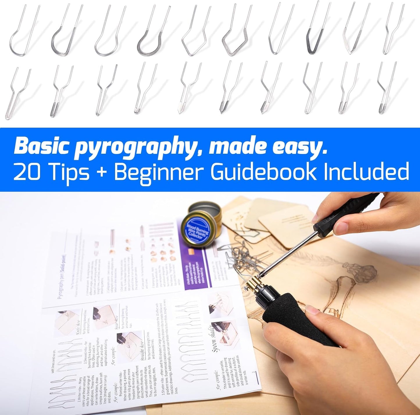 WEP 939D-V Wood Burning Kit 250-750℃/482-1382℉Adjustable Wood Burning Tool with Detachable Pen, 20 Wood burner Tips, WoodBurning Pen Holder Suitable for Pyrography, Leather Burning Kit