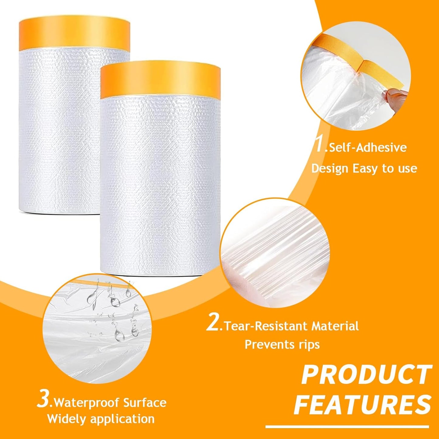Pre-Taped Masking Film 22" x 66' for Painting,Plastic Automotive Tape and Drape,Paint Protection Film with Built-in Tape, Drip-Free Painting for Cars,Walls, Floors, Furniture（4 Rolls）
