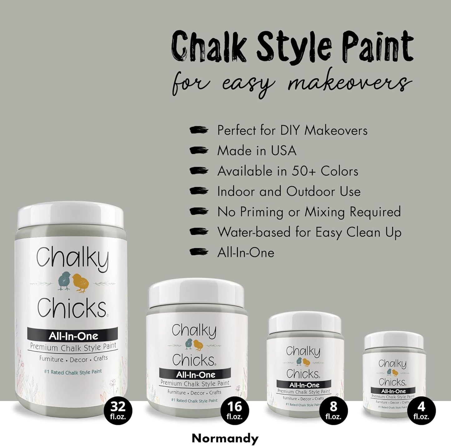 Chalky Chicks All-in-One Chalk Paint for Furniture or Cabinet - 8 Fl Oz - Matte Finish Normandy (Light Gray) for Metal, Wood Furniture Paint - No Sanding All-in-One for Home Decor & Crafts, USA Made