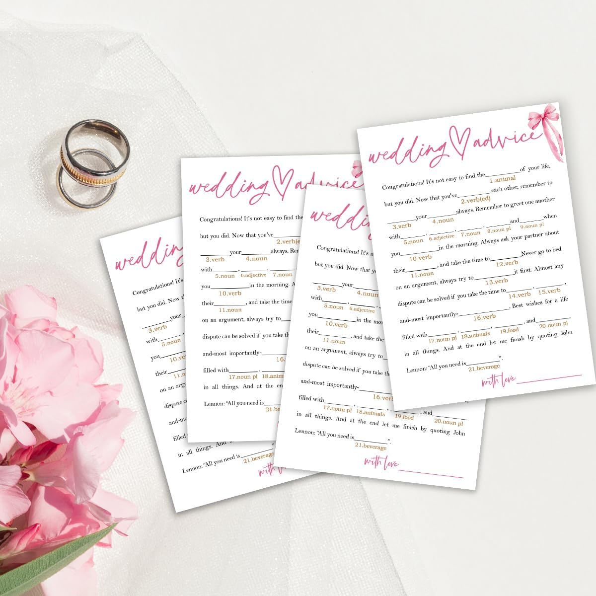 Wedding Shower Games Cards, Wedding Advice Word Game, Bridal Shower Games 25 Guests, Engagement Party Wedding Games for Guests, Pink Ribbon Bow Wedding Party Supplies - E06