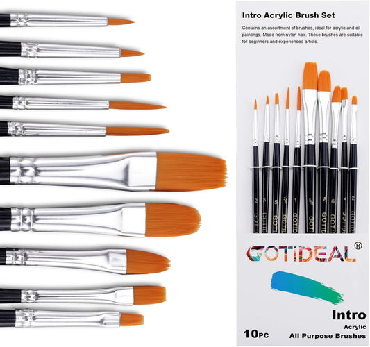 GOTIDEAL Paint Brush Set, 10 Pcs Round Pointed Tip, Small Nylon Hair Brushes for Acrylic, Oil and Gouache，Body, Face Nail Art and Rock Painting, Perfect for Kids & Adult