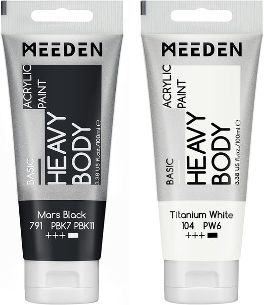 MEEDEN Acrylic Paint Mars Black: Bundled with Titanium White Color - 100ml/3.38oz x 2 Bulk Heavy Body Acrylic Paint Tubes for Art Craft Painting