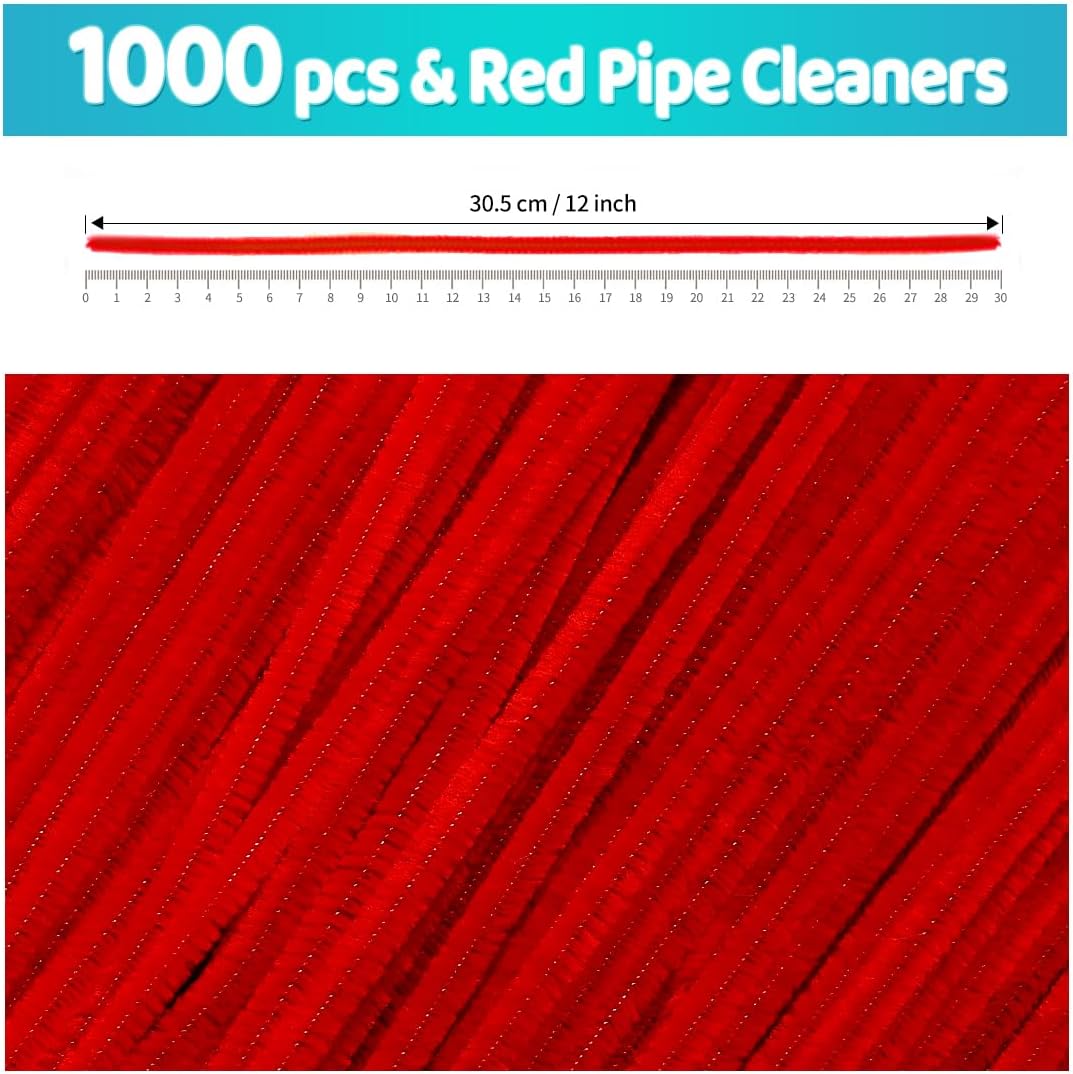 Iooleem 1000pcs Red Pipe Cleaners, Chenille Stems, Pipe Cleaners for Crafts, Pipe Cleaner Crafts, Art and Craft Supplies.