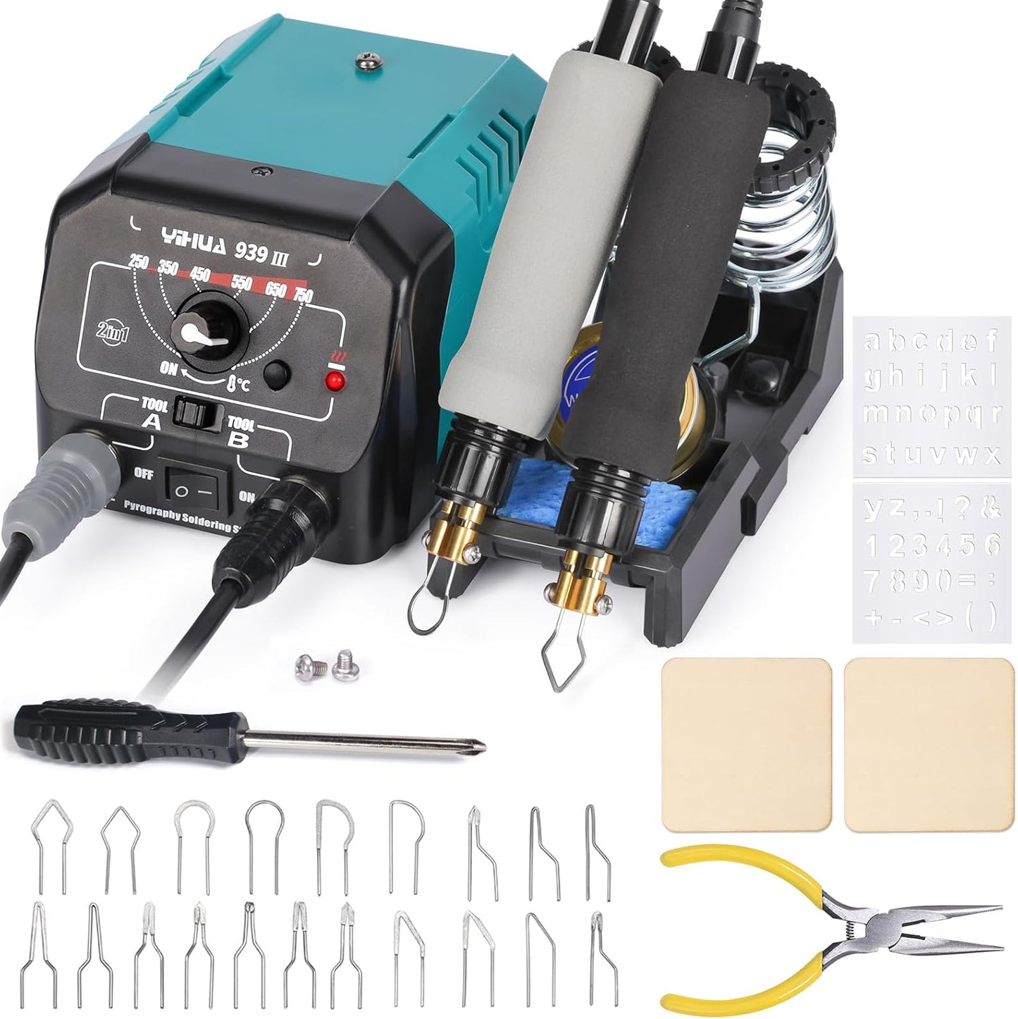YIHUA 939 III Dual Pen Pyrography Station 2-in-1 Wood-Burning Tool with Two Wood-Burning pens 250-750°C Temperature Adjustable 20 Detailer nibs and 7 Essential Accessories and Tools Included