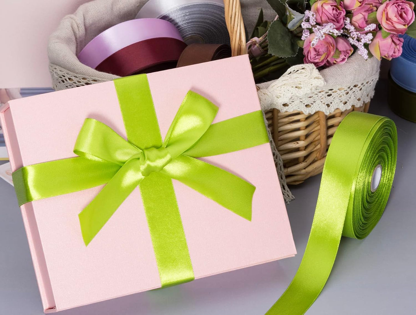 1 Inch Apple Green Solid Satin Ribbon, 50 Yards Craft Fabric Ribbon for Gift Wrapping Floral Bouquets Wedding Party Decoration