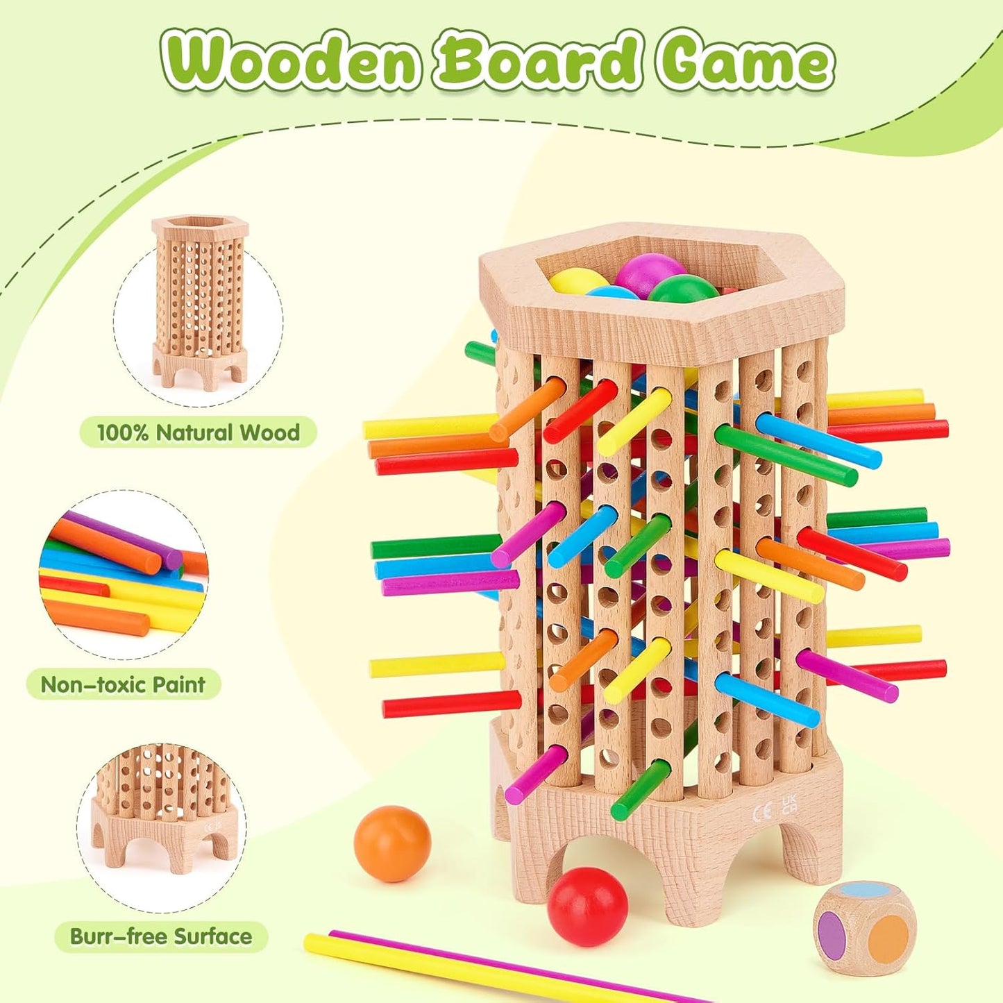 Montessori Game Wooden Board Game, 36 Colorful Wooden Sticks Dice Game, Math Educational Toy for 3 4 5 6 Year Olds, Fine Motor Skills Toy Classic Tower Game for Family Night Gift for Boys Girls