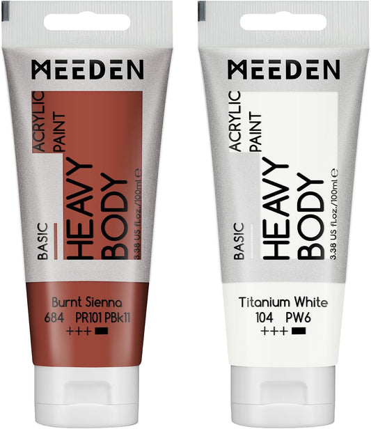 MEEDEN Acrylic Paint Burnt Sienna: Bundled with Titanium White Color - 100ml/3.38oz x 2 Bulk Heavy Body Acrylic Paint Tubes for Outdoor Home Plein Air Travel