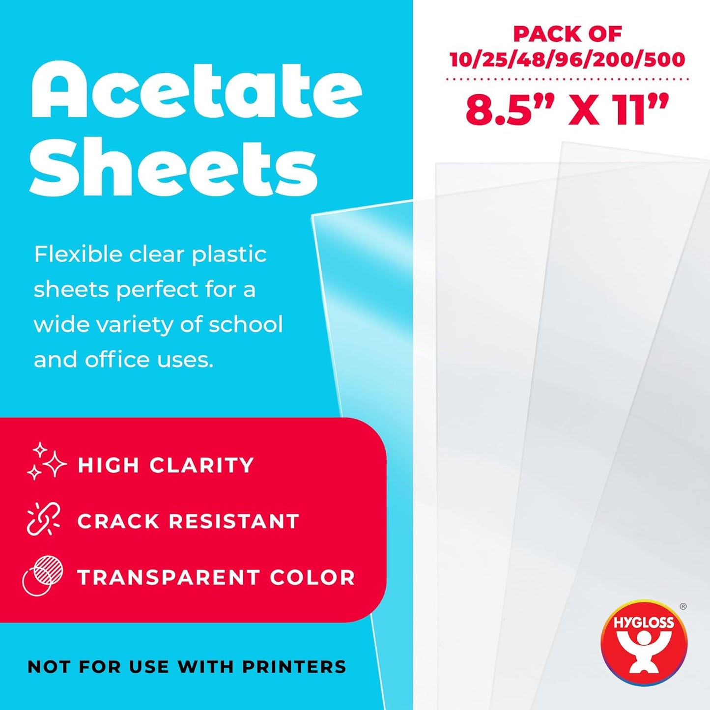 Hygloss 8.5" x 11" Acetate Paper - 7 Mil Clear Acetate Sheets for Crafts Projects, Classroom Stencil Sheets, Overhead Transparency Sheets for Projector, Clear Plastic Sheet (Not for Printers) 500 Pack