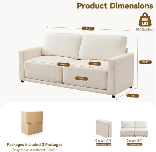 77.4" Modular Sectional Loveseat Sofa, Cloud Deep Seat Couch, Love Seat Sofas - Image 2
