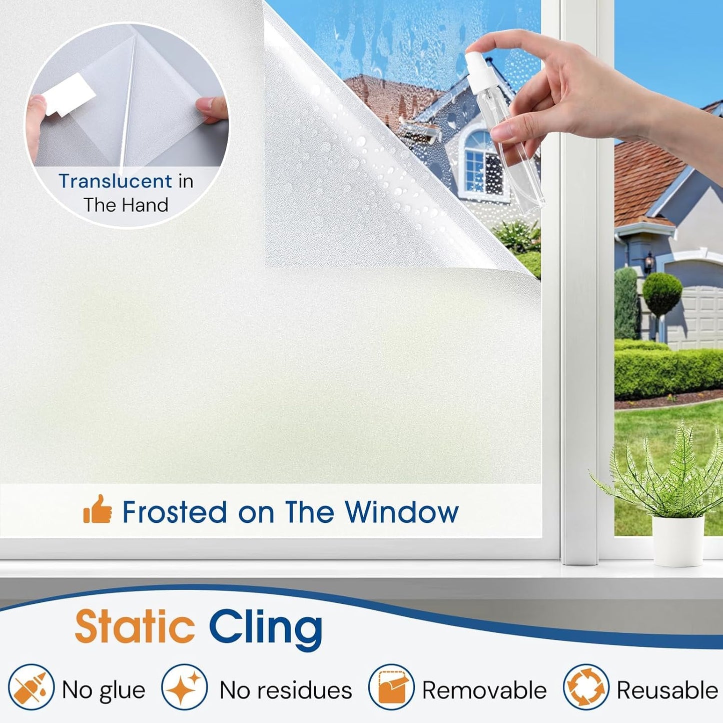 Homein Frosted Glass Window Privacy Film with Tools UV Blocking Privacy Film for Glass Windows, Static Cling No Glue Removable Reusable Anti Glare for Home Day and Night, Pure 35.4x157.4 inch