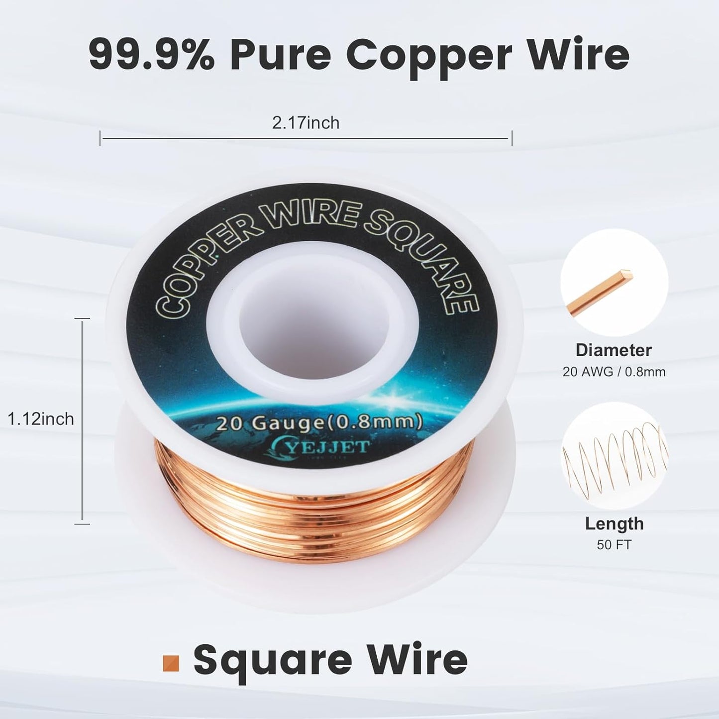 20 AWG Square Copper Wire - 0.8x0.8mm Thin Craft Wire, 50ft - Bulk Spool for Jewelry Business, Beading, and Crafts