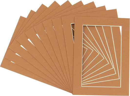 8x10 Mat for 6x8 Photo - Precut Aged Oak Brown Picture Matboard for Frames 8 x 10 Inches - Bevel Cut Matte to Display Art 6 x 8 Inches - Acid Free Pack of 10 MATS with Backing Boards & Clear Bags