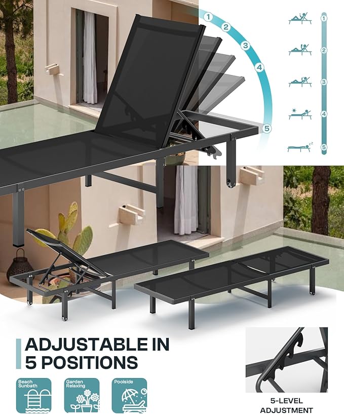 Lounge Chair Outdoor with Wheels, Aluminum Patio Chaise Lounge Chair with 5 - Image 4