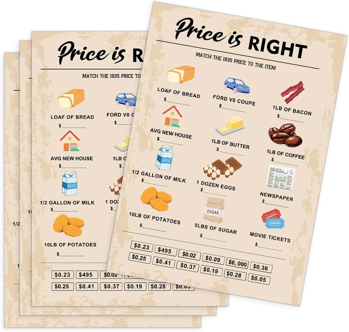 QUPT 90th Birthday Party Games, Price is Right Games, Birthday Party Supplies for Adults, Fun 1935s Party Game，Pack of 30 Cards