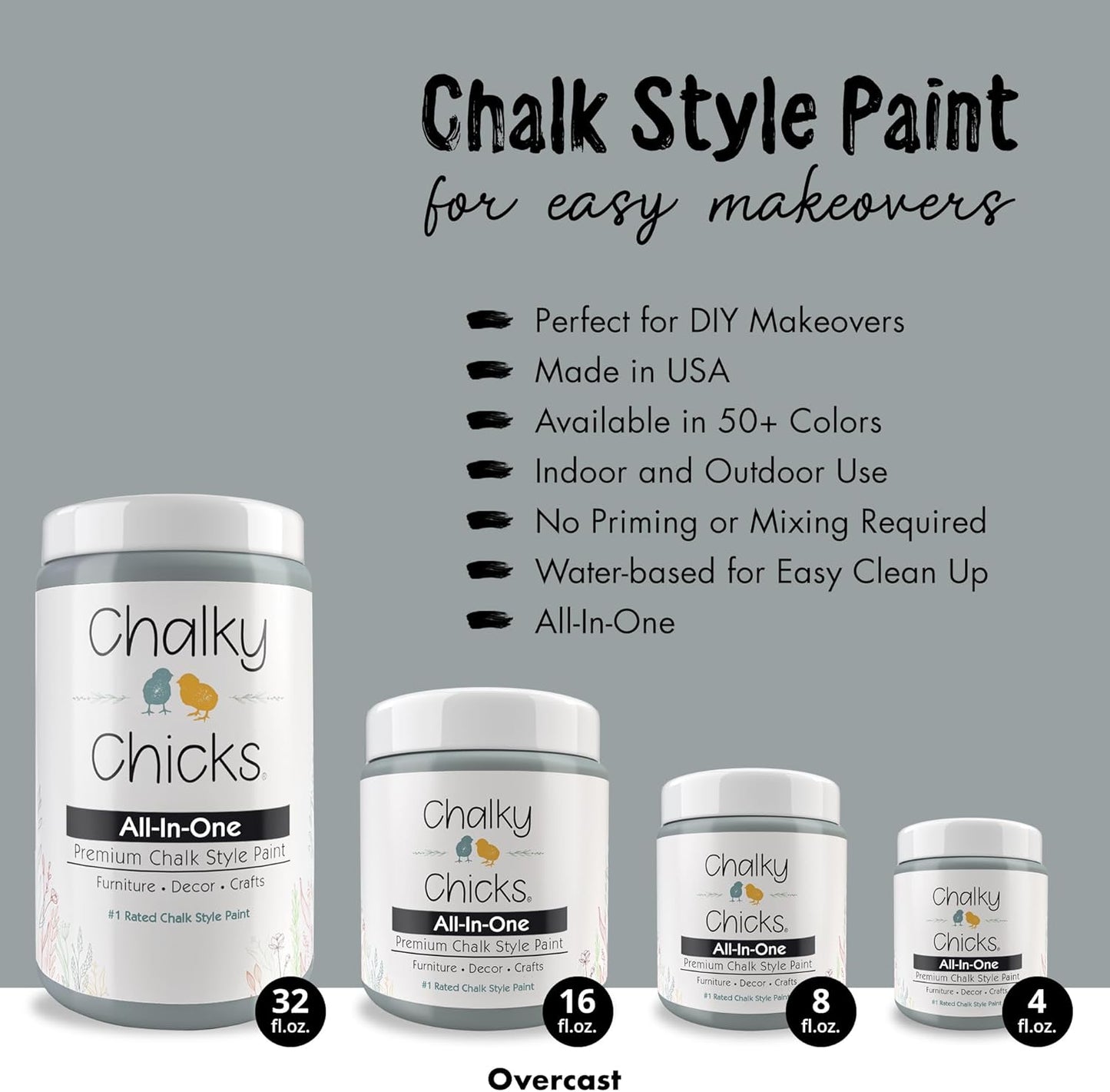 Chalky Chicks 8 Fl Oz Matte Overcast (Blue Gray) Chalk Paint for Furniture Without Sanding - No Prep Furniture Paint No Sanding All in One for Crafts, Wood, Walls, Cabinet, Metal, Dresser, Farmhouse