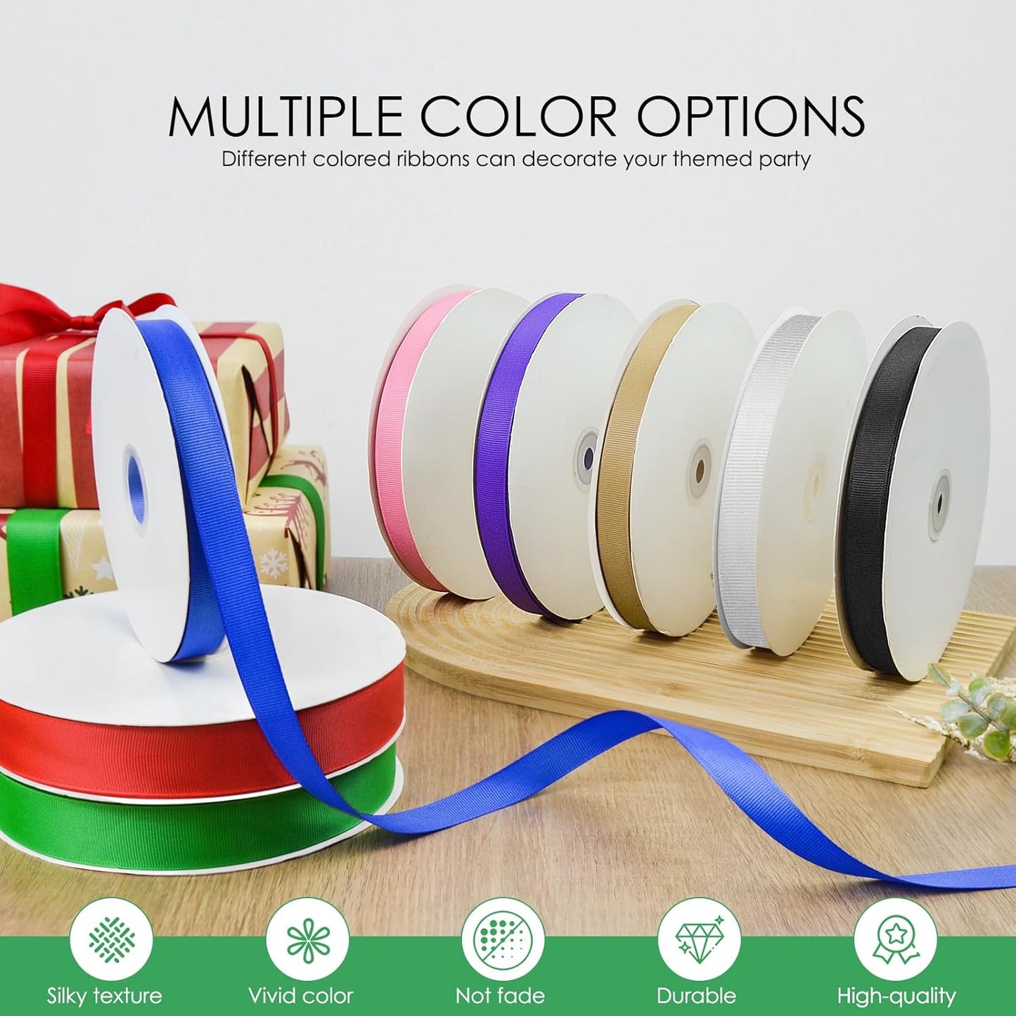 50 Yards 3/8 inch Grosgrain Ribbon, Solid Color Fabric Ribbon Perfect for Gift Wrapping, Wedding, Handmade Bows, Floral Bouquets and Party Decoration(Green)
