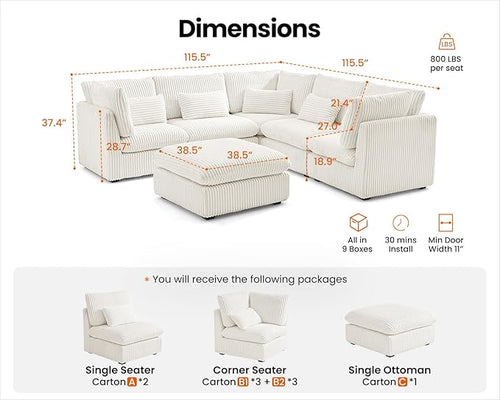 115" Oversized Corduroy Couch Modular Sectional Sofa, Washable Cloud Couch - Image 2
