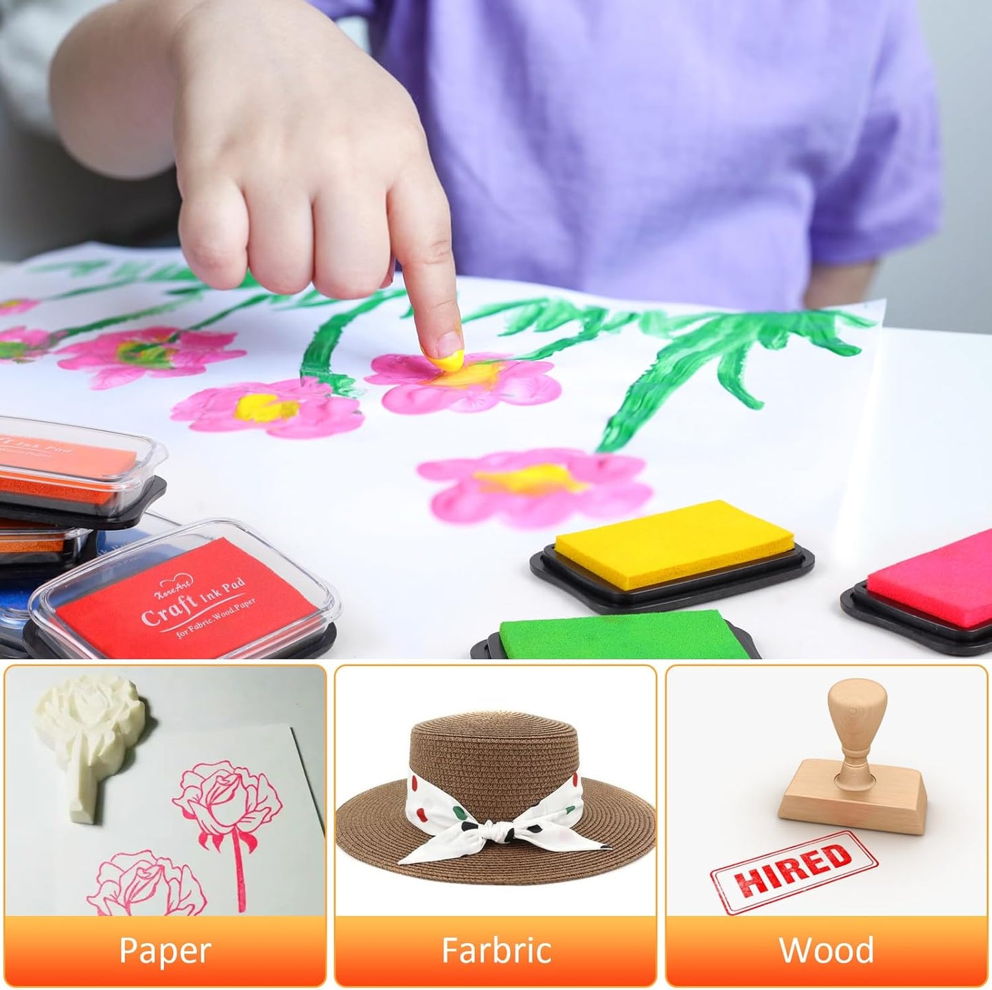 Large Finger Ink Pads for Kids Washable Craft Ink Stamp Pads, 16 Color DIY for Rubber Stamps, Paper, Scrapbooking, Wood Fabric, Best Gift for Kids(Each Sponge Size 2.87"X1.77")