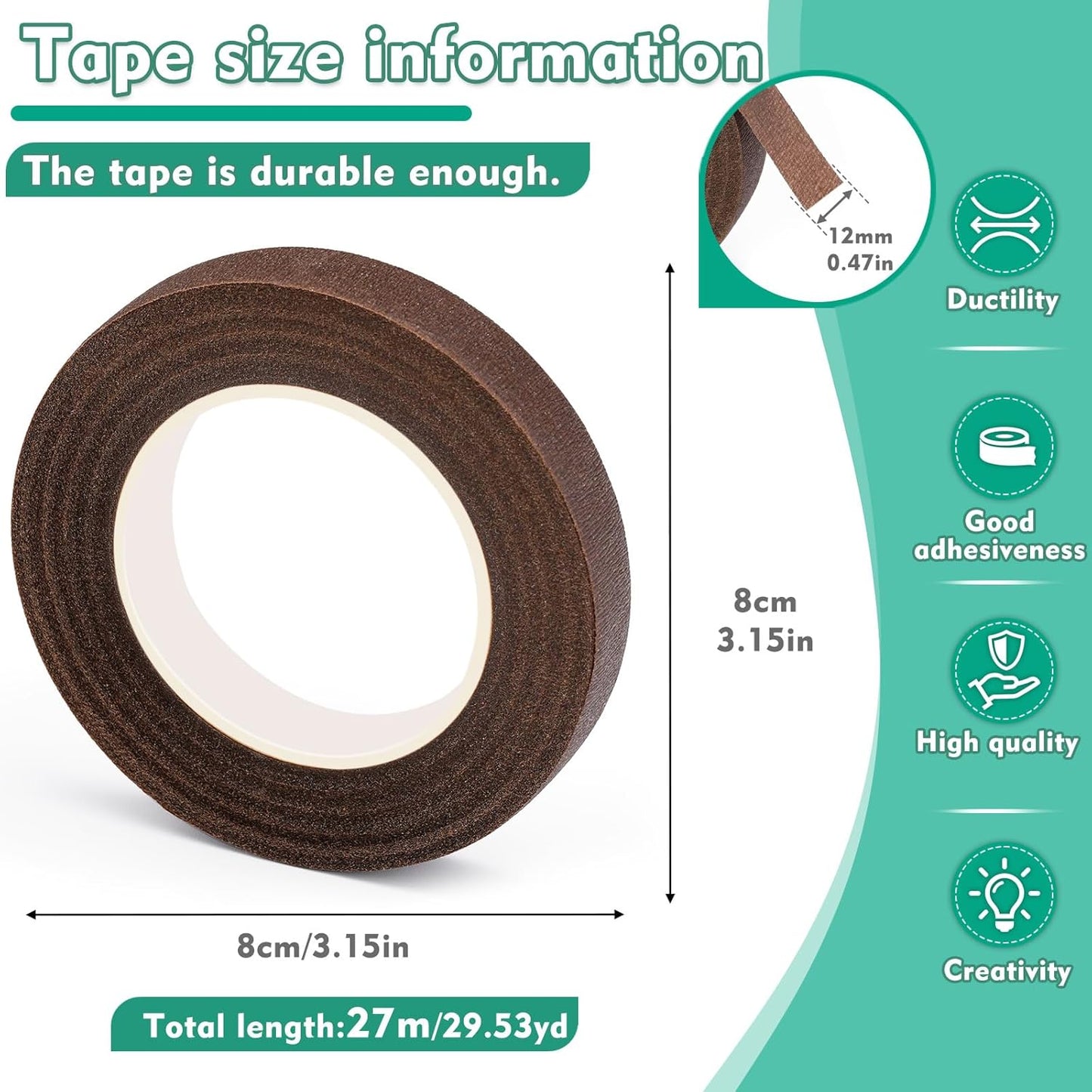 Floral Tape, 1/2inch Flower Tape, Flower Tape for Bouquet Stem Wrap Floral Arranging Craft Projects Corsages, Wedding Bouquet (Brown)