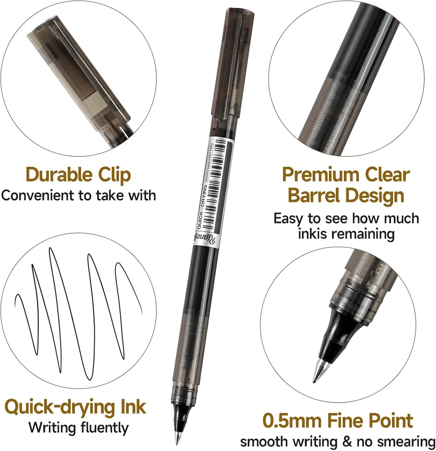 RIANCY Black Fine Point Gel Pens 24Pcs 0.5mm Gel Ballpoint Pens Black Liquid Ink Pens No Smear No Bleed, Smooth Writing Pen for Journaling Note Taking Drawing Sketching Coloring Office School Supplies