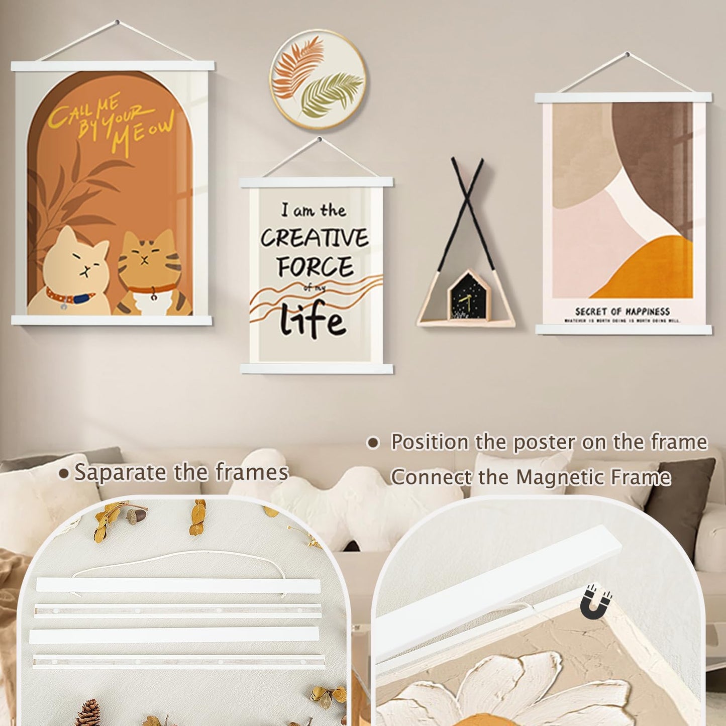 Artmag Magnetic Poster Hanger Frame, 40x27 40x30 40x60 Light Wood Wooden Magnet Canvas Artwork Print Poster Hangers Frames Hanging Kit (White, 40")