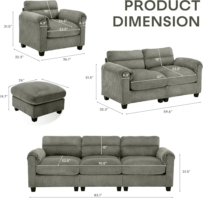 HAOMARKETS Corduroy Sofa Set, Upholstered Ottoman, Loveseat Set of 2, and - Image 2