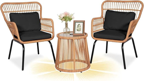 3 Piece Outdoor Wicker Furniture Bistro Set, Rattan Chairs Conversation Sets by HOMEZILLIONS