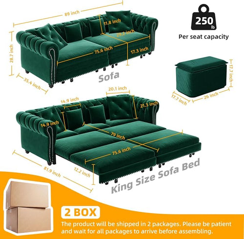 89" Velvet Pull Out Couch Bed - Image 2