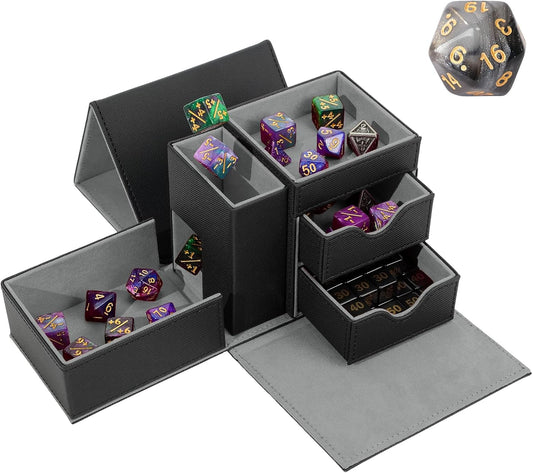 Dice Tray & Dice Tower Storage Box, 3 in 1 Dice Holder Case (Dice Rolling Tray, Dice Rolling Tower, Dice Storage Drawers), Leather Magnetic Closure DND Accessories Gifts for RPG MTG, Black/Grey