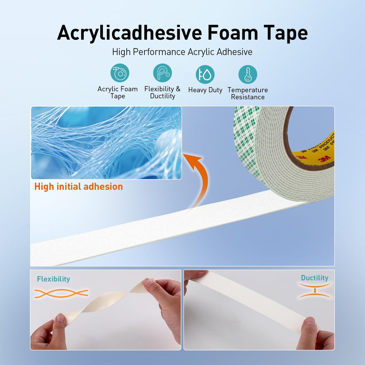 Double Sided Tape Foam Tape 1/2" x 18Ft Made of 3M High Shear Adhesive Mounting Tape with High Temperature Resistance for Interior Exterior Mounting Applications and Home Office Deco (Pack of 2)