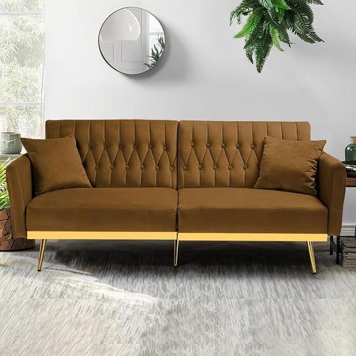 70” Velvet Futon Sofa Bed with 2 Pillows and Adjustable Armrests, Convertible - Image 2