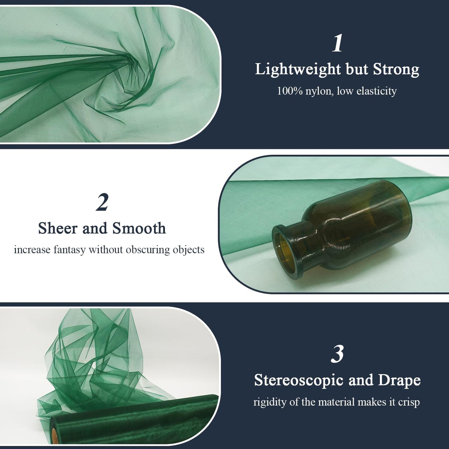 Organza Tulle Fabric Rolls, Crystal Organza 12" by 50 Yards (150 ft) Sheer Nylon Silky Shiny Netting Spool Bolt for DIY Craft Table Runner Wedding Baby Shower Party Decor (Hunter Green)