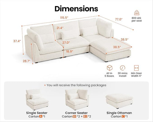 115" Oversized Corduroy Couch Modular Sectional Sofa, Washable Cloud Couch - Image 2