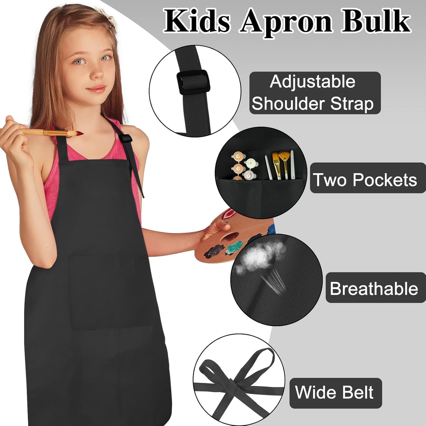 6 Pack Kids Apron bulk with 2 Pockets Adjustable Chef Art Apron Kids Painting Aprons for Cooking Baking Painting Crafting Grilling Activity（Black）