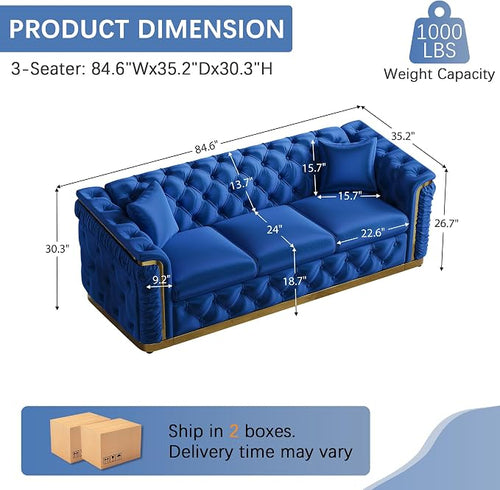 84.6" Luxury Chesterfield Sofa Velvet Tufted Sofa Black and Gold Couch - Image 2