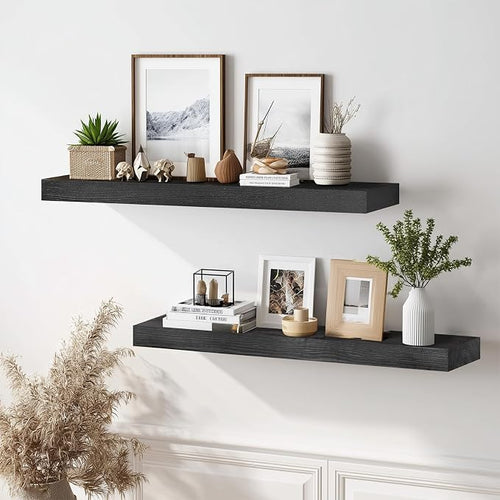 36x8x1.6 inch Floating Shelves Set of 2 – Solid Wood Rustic Black Wall Mounted - Image 2