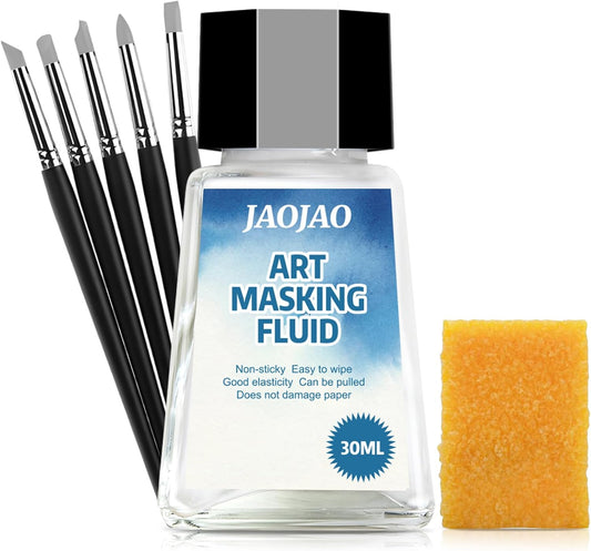 JAOJAO Watercolor Masking Fluid, Liquid Masking for Painting Watercolor Accessories with Silicone Pen Cleaning Brush Retouching and Covering for Painting and Various Art Projects Supplies,White 30ml