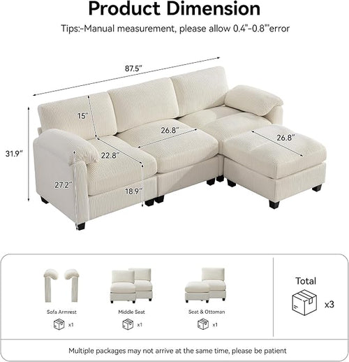 87.5'' L Shaped Modular Sectional Sofa, 3 Seater Cloud Couch - Image 2
