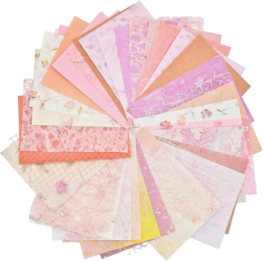 42 Sheets Textured Scrapbook Paper and Mesh Fabric Assorted Set, Junk Journal Supplies Assorted Set, Special Paper for Scrapbooking Materials Card Embellishments 3.9x5.5 Inch (Pink)