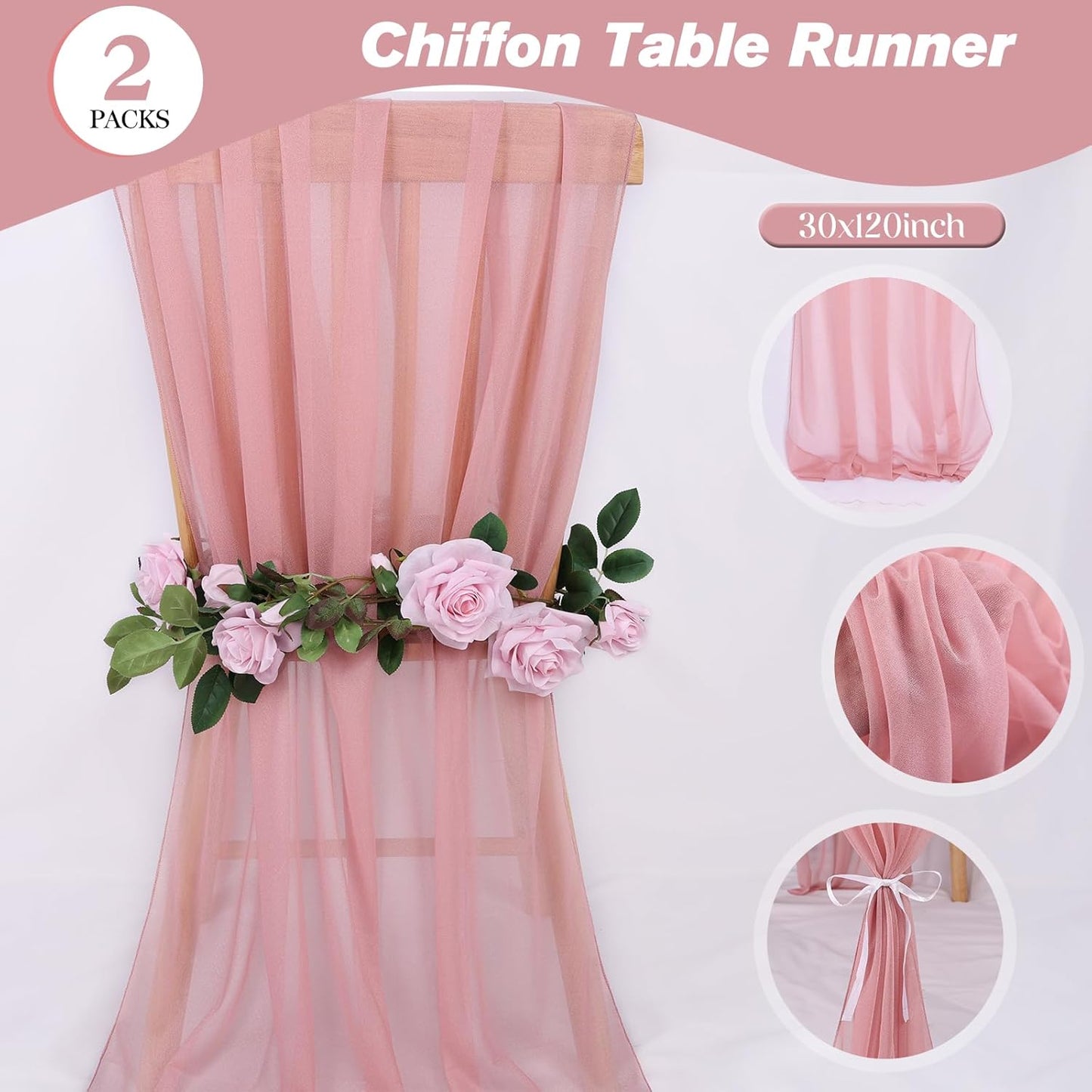 2 Packs 10ft Dusty Rose Chiffon Table Runner 30 x 120 Inches Sheer Romantic Table Runner for Boho Wedding Birthday Party Bridal Baby Shower Decoration