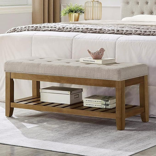 24KF Large Rectangular Upholstered Tufted Linen Fabric Ottoman Bench, Padded by WEMARTHOMEDECOR