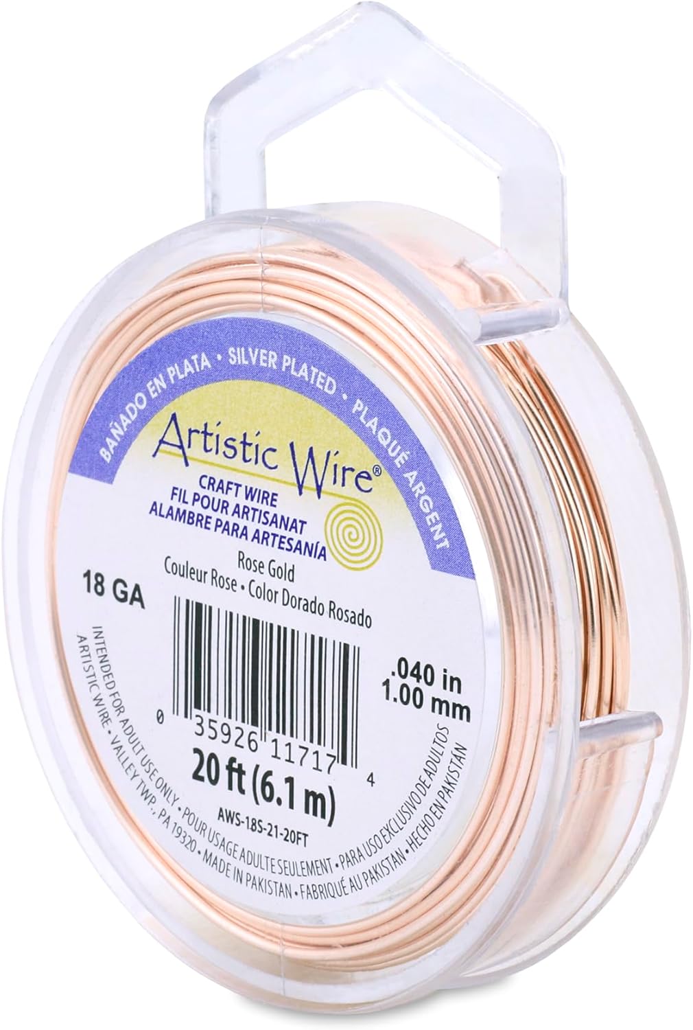 Artistic Wire, 18 Gauge Silver Plated Tarnish Resistant Colored Copper Craft Wire, Rose Gold Color, 20 ft