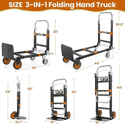 3-in-1 Folding Hand Trucks, 600Lbs Convertible Hand Truck Dolly, Heavy Duty - Image 2