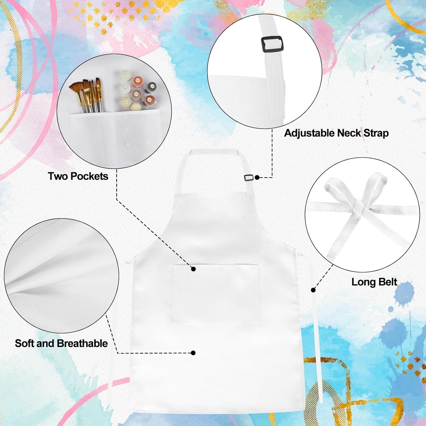 PLULON 8 Pcs Kids Apron Bulk Adjustable White Chef Apron with 2 Pockets Painting Aprons for Kids Cooking Baking Crafts (White)