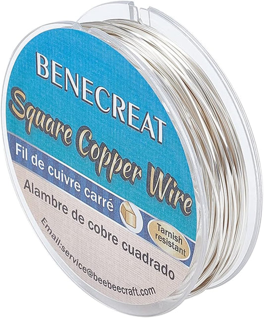 BENECREAT 32.81 Feet 24 Gauge Silver Square Copper Wire, Craft Copper Wire Tarnish Resistant Jewelry Material for Jewelry Making