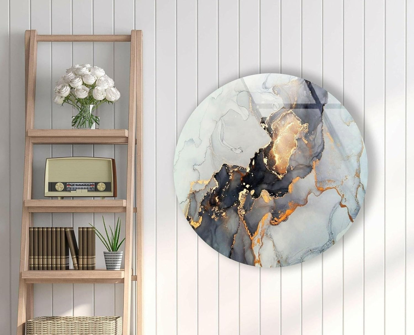 My Photostation.com 27.5''(70cm) Diameter Gold Details Gray Marble Round Glass Wall Art Tempered Glass Printing Wall Decor Large Wall Art Wall Hangings