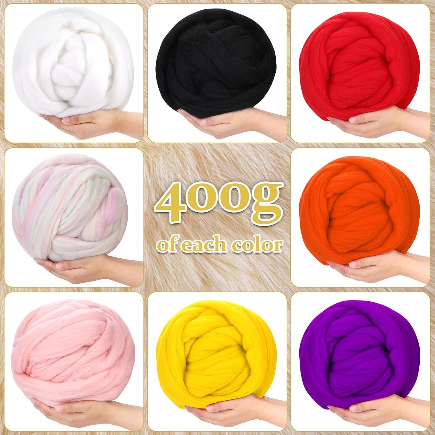 QMNNMA Wool Roving Bulk, 14.1oz Needle Felting Wool, Super Wool Chunky Yarn for Needle Felting, Hand Spinning, Felting, Blending, Weaving and DIY Craft (400g)