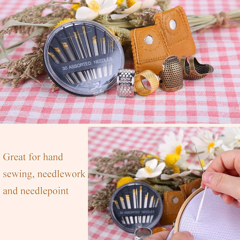 8 Pcs Thimble + 30 Pcs Sewing Needles, Finger Protector Fingertip Adjustable Metal Bronze Rings and Leather Coin Thimble for Needlework, Hand Embroidery Craft