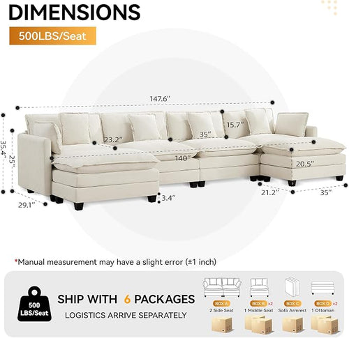 147'' Sectional Cloud Deep Seat Couch, Oversized Chenille U Shaped Sectional - Image 2