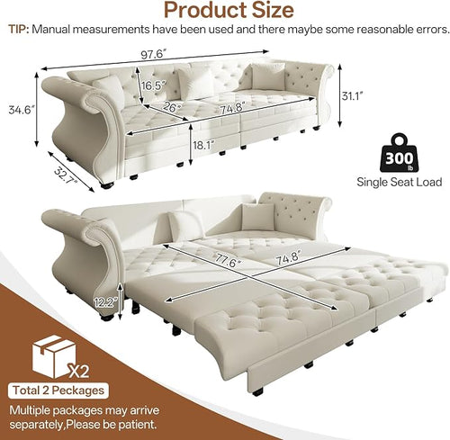 97.6" Oversized Pull Out Sofa Bed, Chesterfield Velvet Sleeper Sofa Couch - Image 2